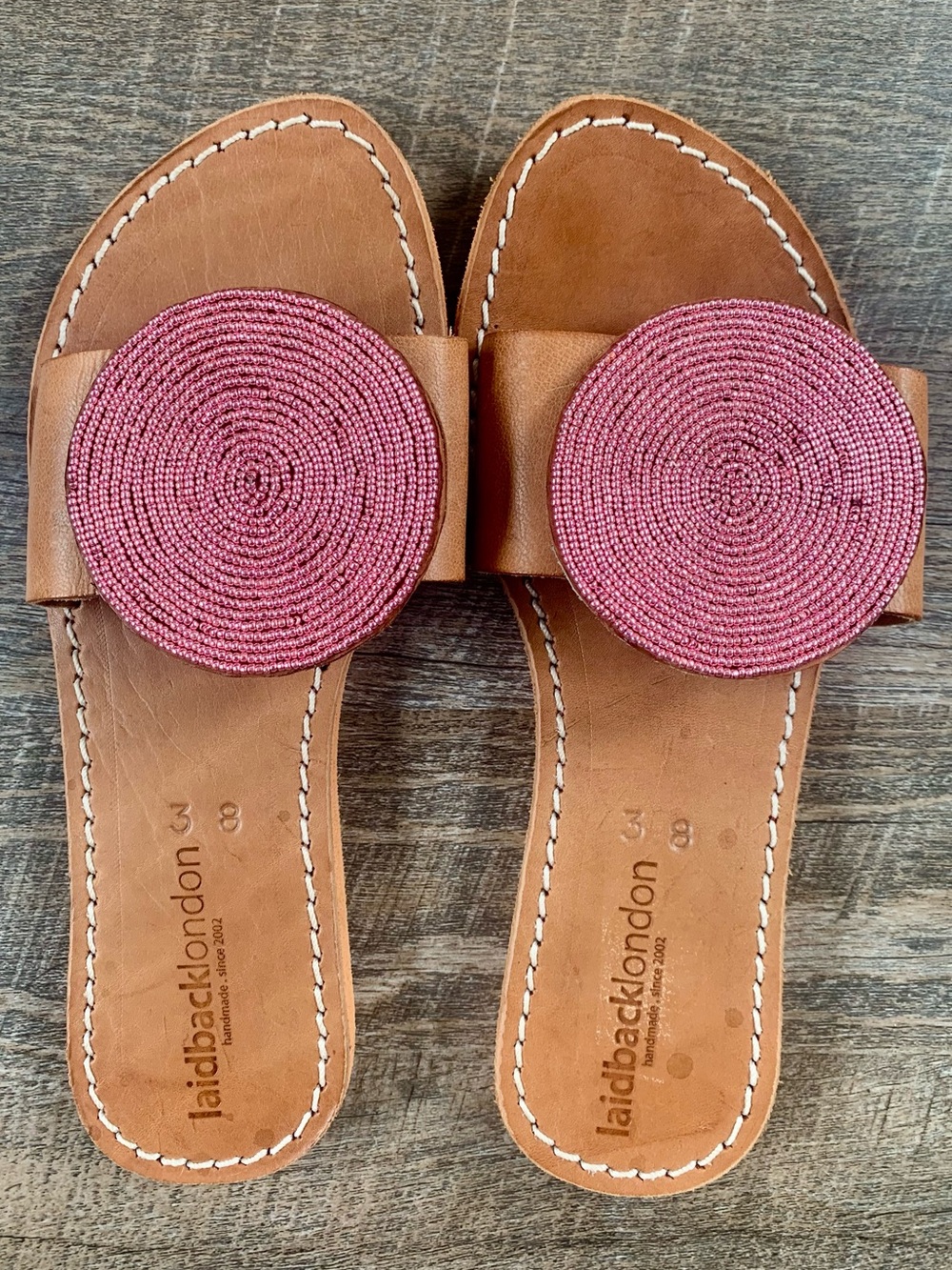 Laidback London Pink  Circle Beaded Leather Slide Sandals